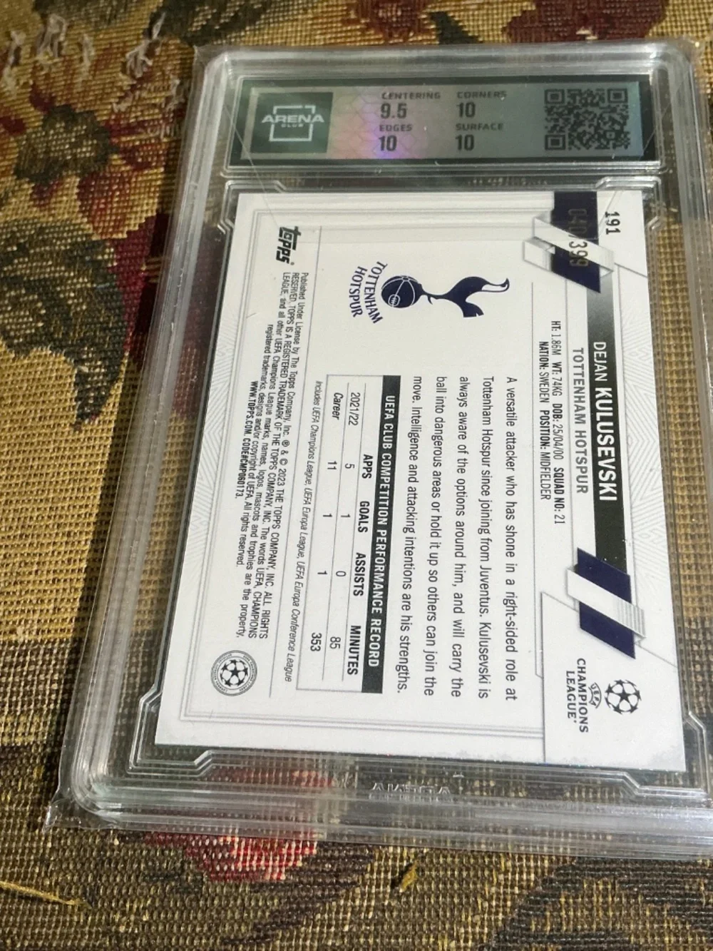 2022 Topps Chrome Dejan Kulusevski #19 Neon Green Shimmer /399 Graded Arena 10